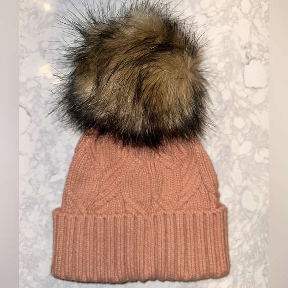 The North Face Pink Clay Knit Beanie with Faux Fur Pom - Picture 2 of 2